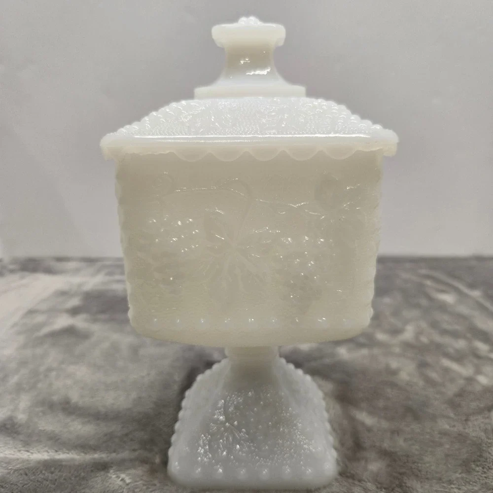 Westmoreland Milk Glass Paneled Grape Square Candy Dish w/Lid Vintage Pedestal